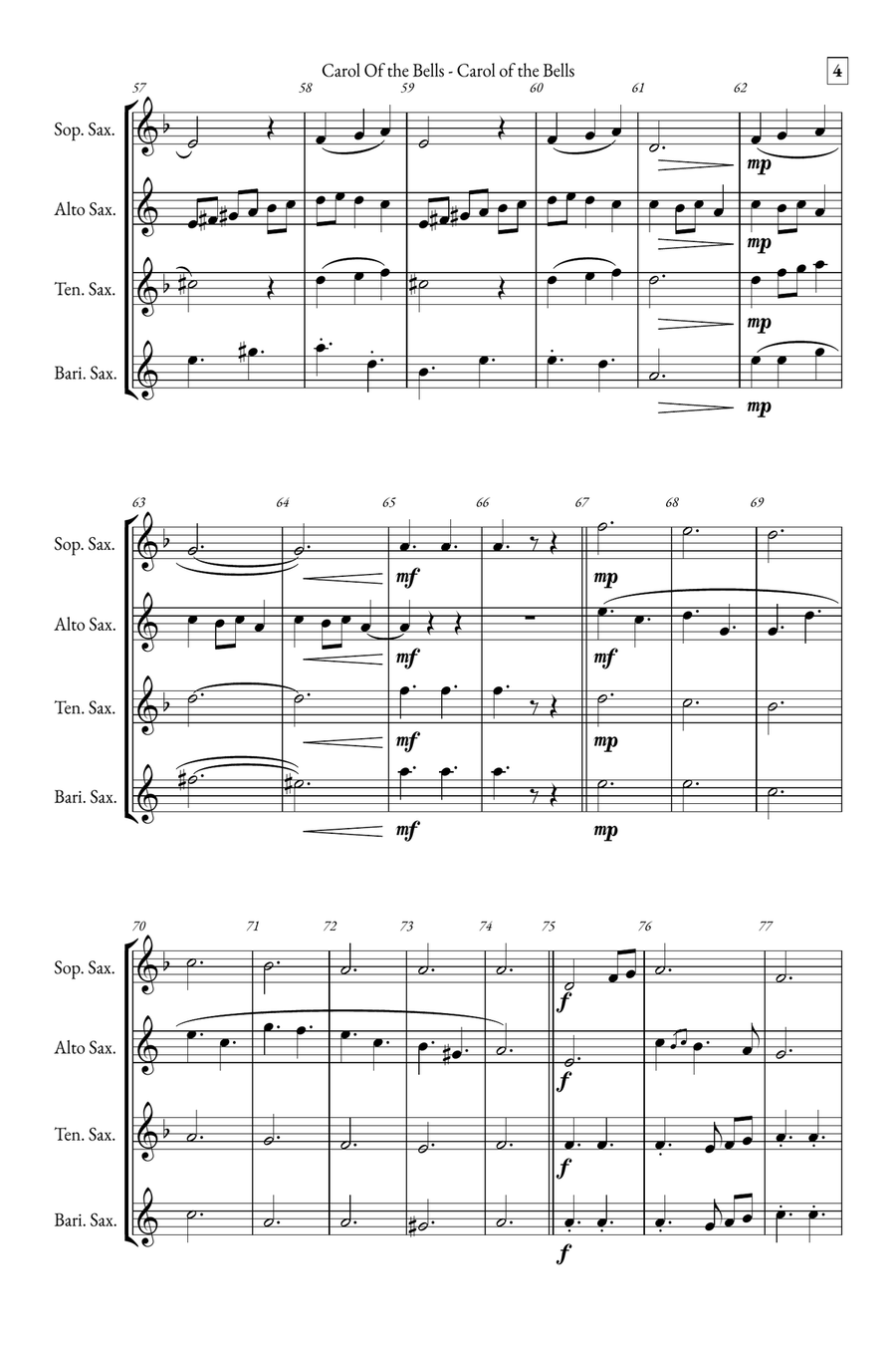 Carol of the Bells Saxophone Quartet scores gallery preview page 4