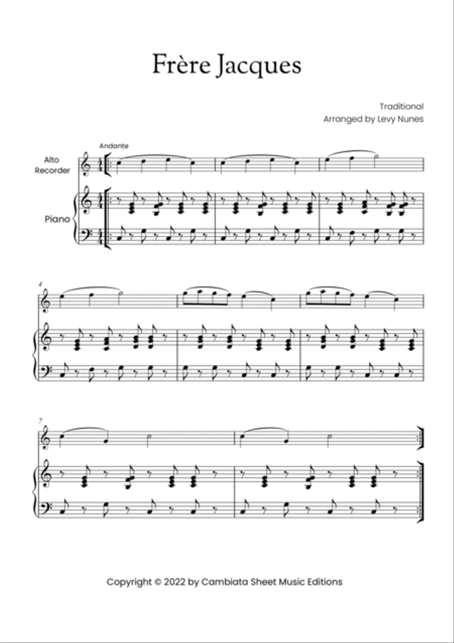 Frère Jacques - Solo alto recorder and piano accompaniment (Easy) Alto Recorder scores gallery preview page 2