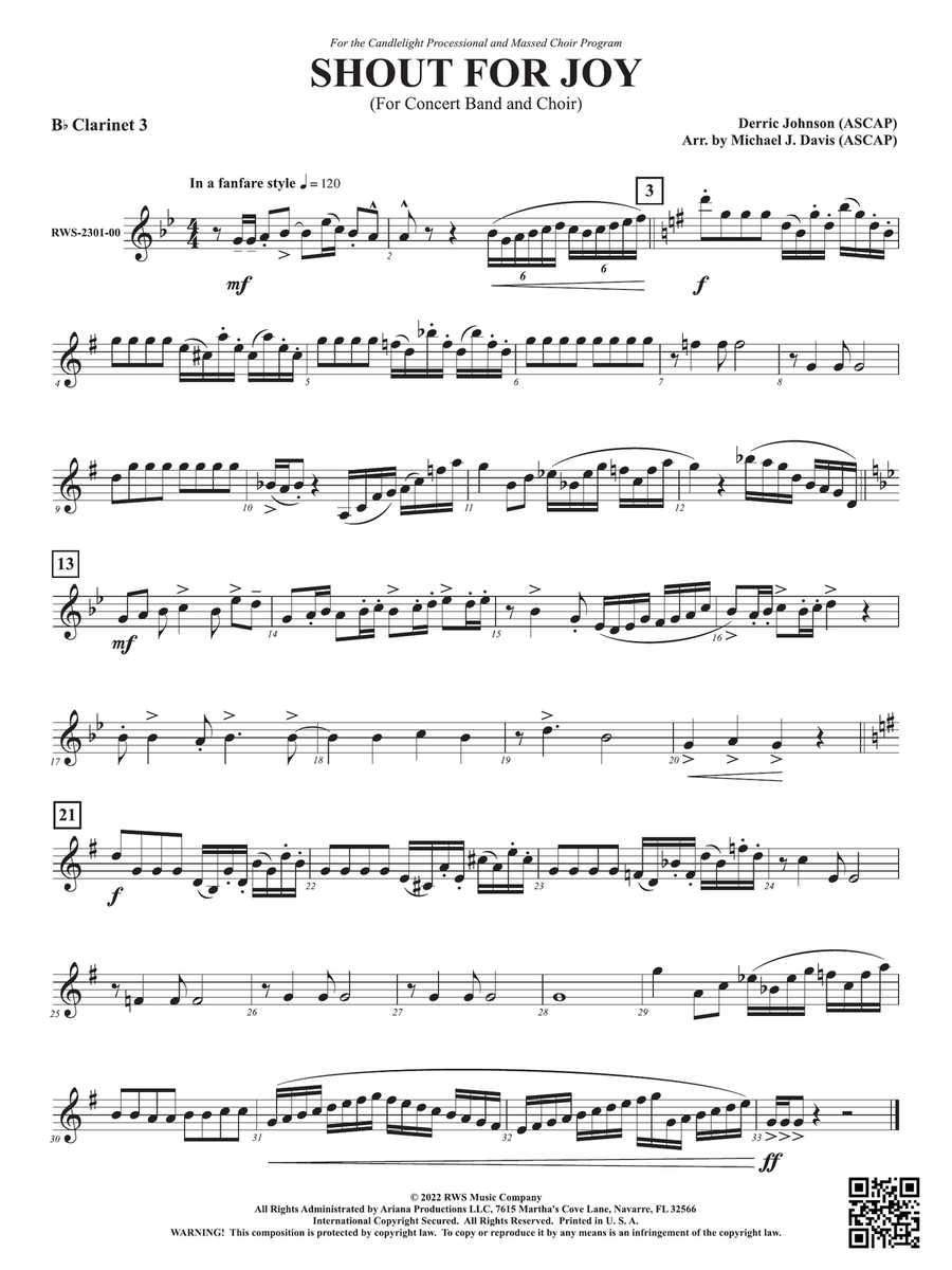 Shout for Joy - For Concert Band and Choir: 3rd B-flat Clarinet