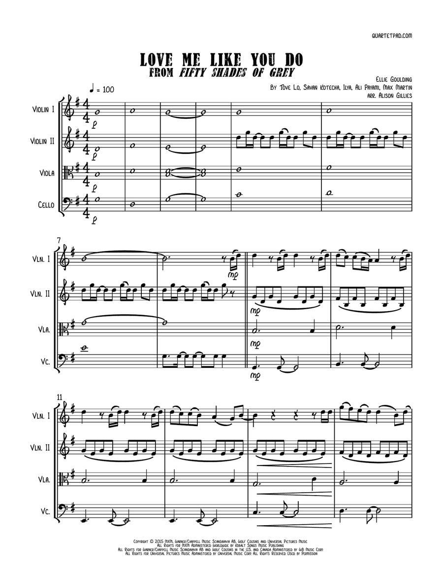Love Me Like You Do String Quartet scores gallery preview page 1