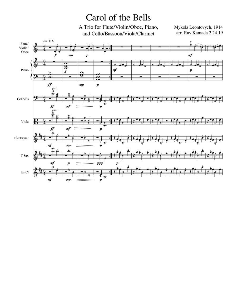 Carol of the Bells for Flute Violin Oboe Piano and Cello Viola Trio
