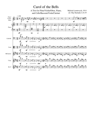 Carol of the Bells, for Flute/Violin/Oboe, Piano, and Cello/Viola Trio