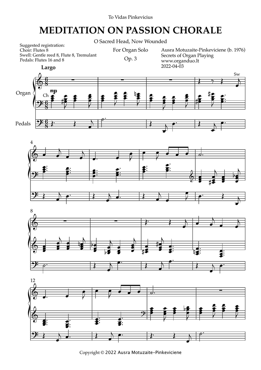 Meditation on Passion Chorale, Op. 3 (Organ Solo) by Ausra Motuzaite-Pinkeviciene (2022) Organ Solo scores gallery preview page 1