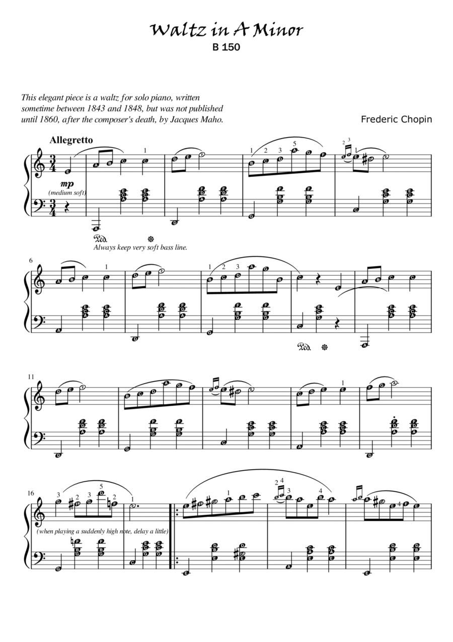 Waltz in A minor (Chopin) | Piano Solo Grade 4 or 5 Intermediate with note names and performance dir Piano Solo scores gallery preview page 1