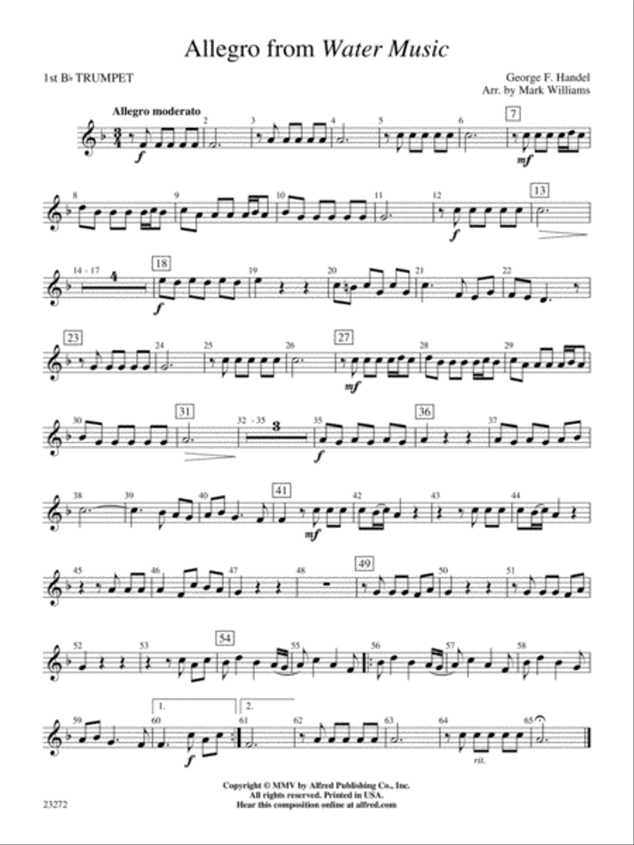 Allegro from Water Music: 1st B-flat Trumpet Concert Band scores gallery preview page 1