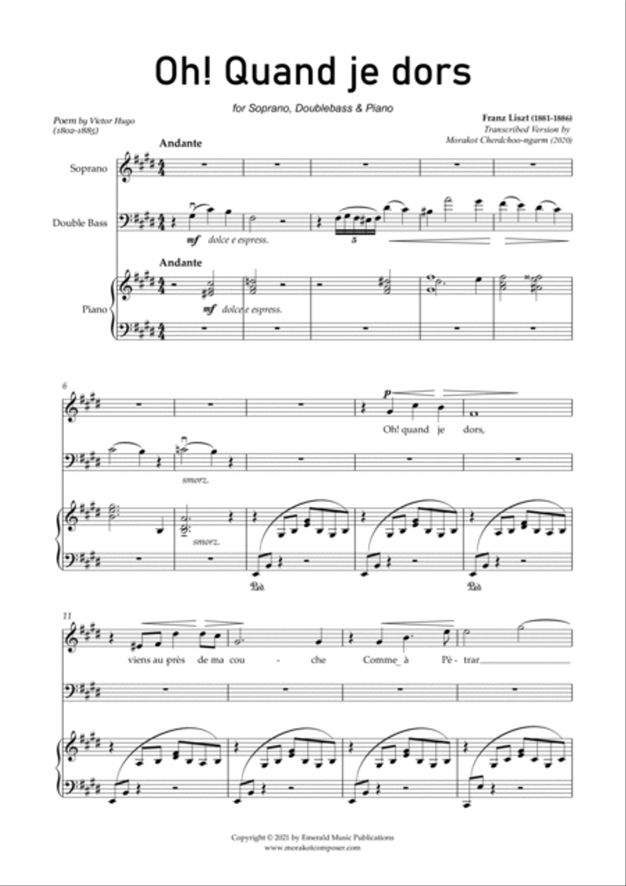Oh! Quand Je Dors for Soprano, Double Bass and Piano Large Ensemble scores gallery preview page 2