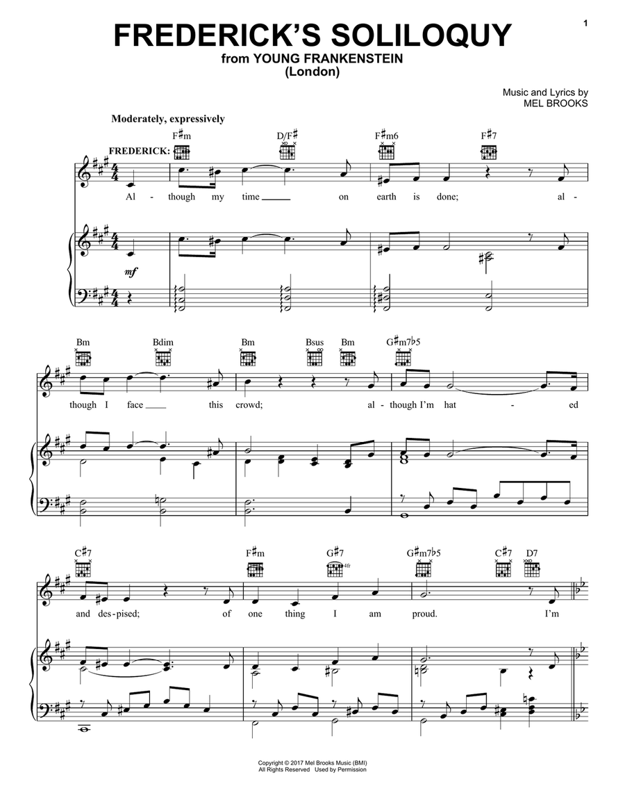 Frederick's Soliloquy (from Young Frankenstein) Piano, Vocal, Guitar scores gallery preview page 1