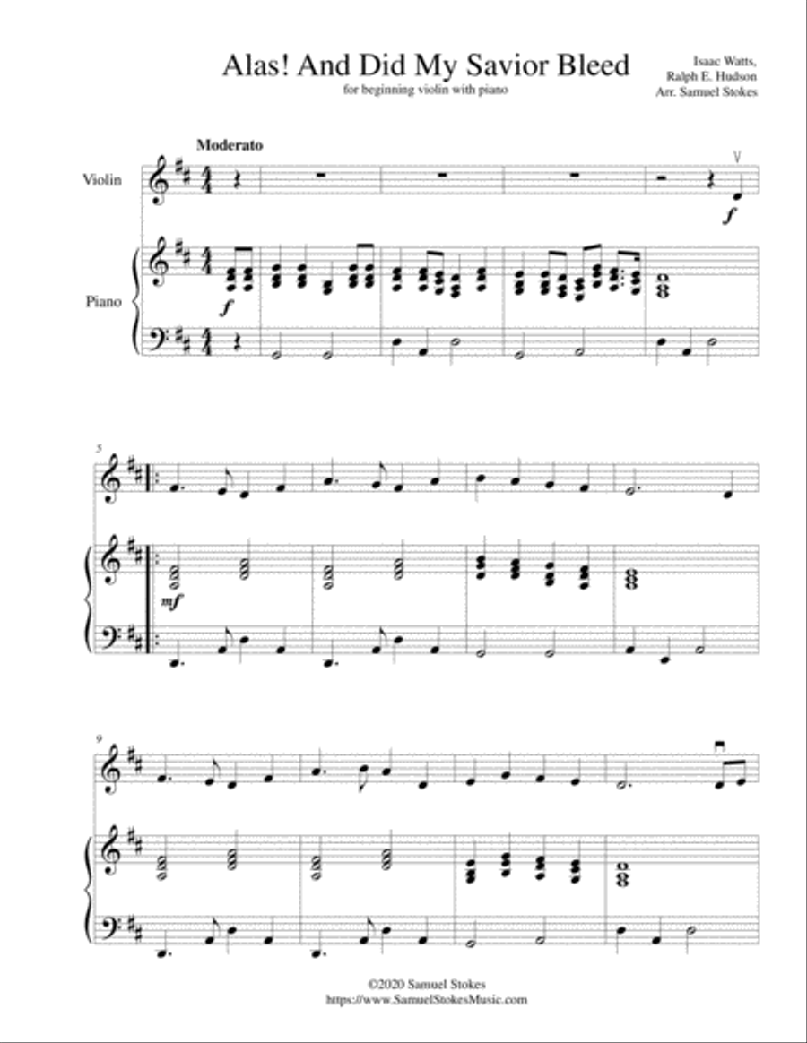 Alas! And Did My Savior Bleed (At the Cross) - for beginning violin with optional piano accompanimen Violin Solo scores gallery preview page 1
