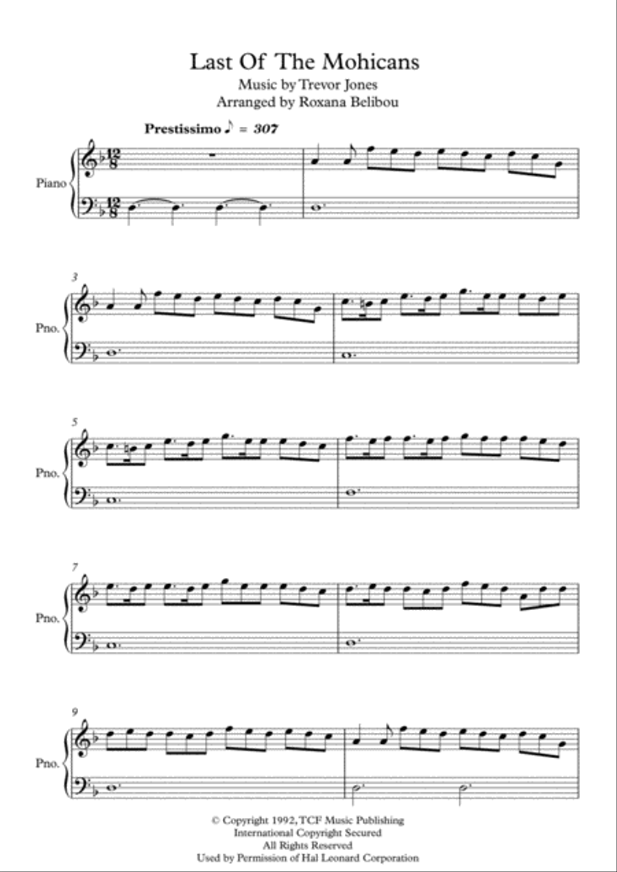 Last Of The Mohicans (main Theme) Easy Piano scores gallery preview page 1