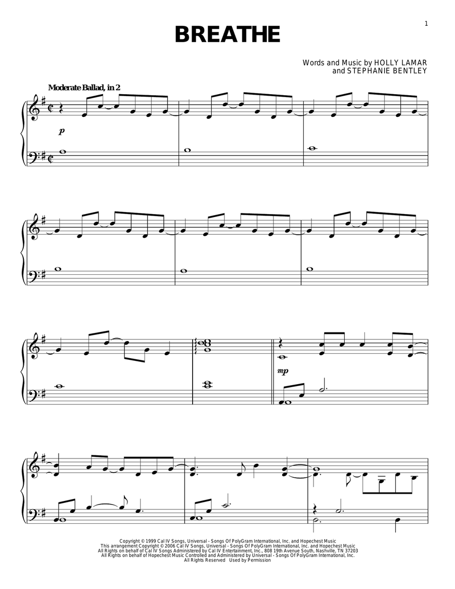Breathe Breathe Piano Solo scores gallery preview page 1