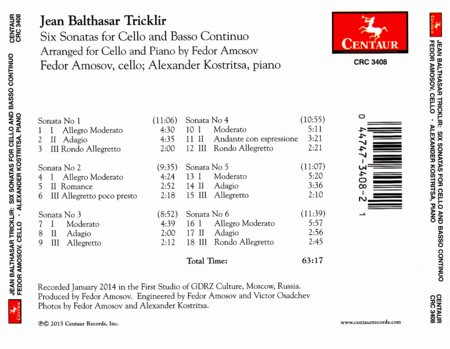 Jean Balthasar Tricklir: Six Sonatas for Cello & Basso Continuo