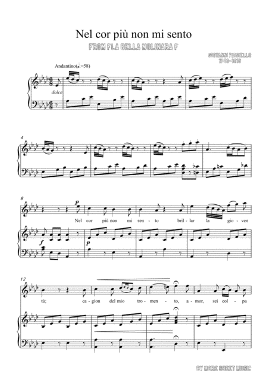 Paisiello-Nel cor più non mi sento in A flat Major,for Voice and Piano Voice Solo scores gallery preview page 3