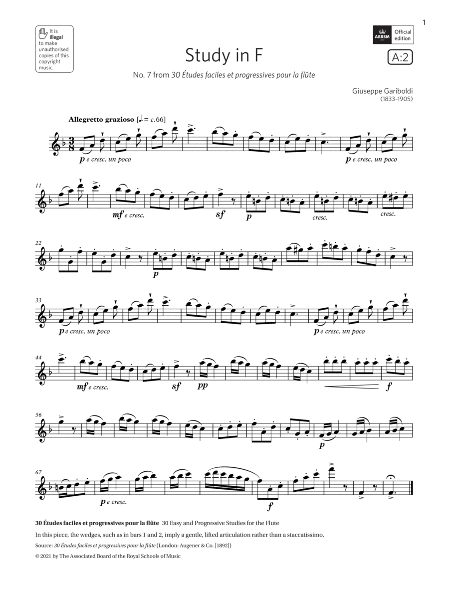 Study in F (Grade 3 List A2 from the ABRSM Flute syllabus from 2022) Flute Solo scores gallery preview page 1