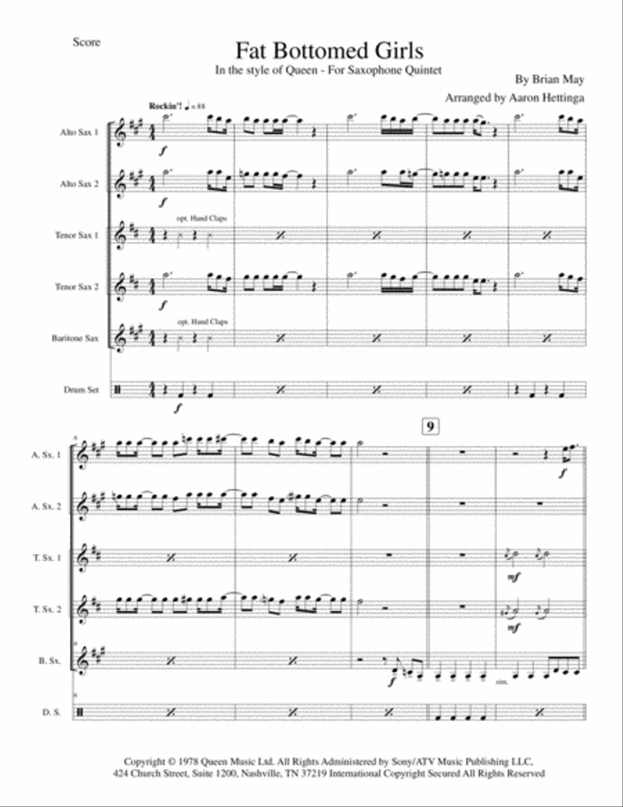Fat Bottomed Girls Saxophone Quintet scores gallery preview page 3