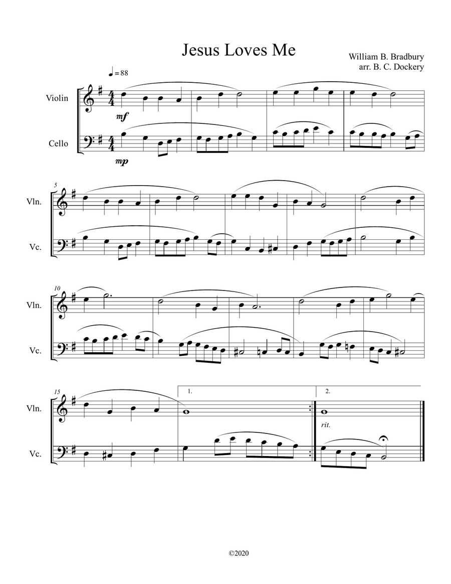 Jesus Loves Me (violin and cello duet) Jesus Loves Me (violin and cello duet) String Duet scores gallery preview page 1