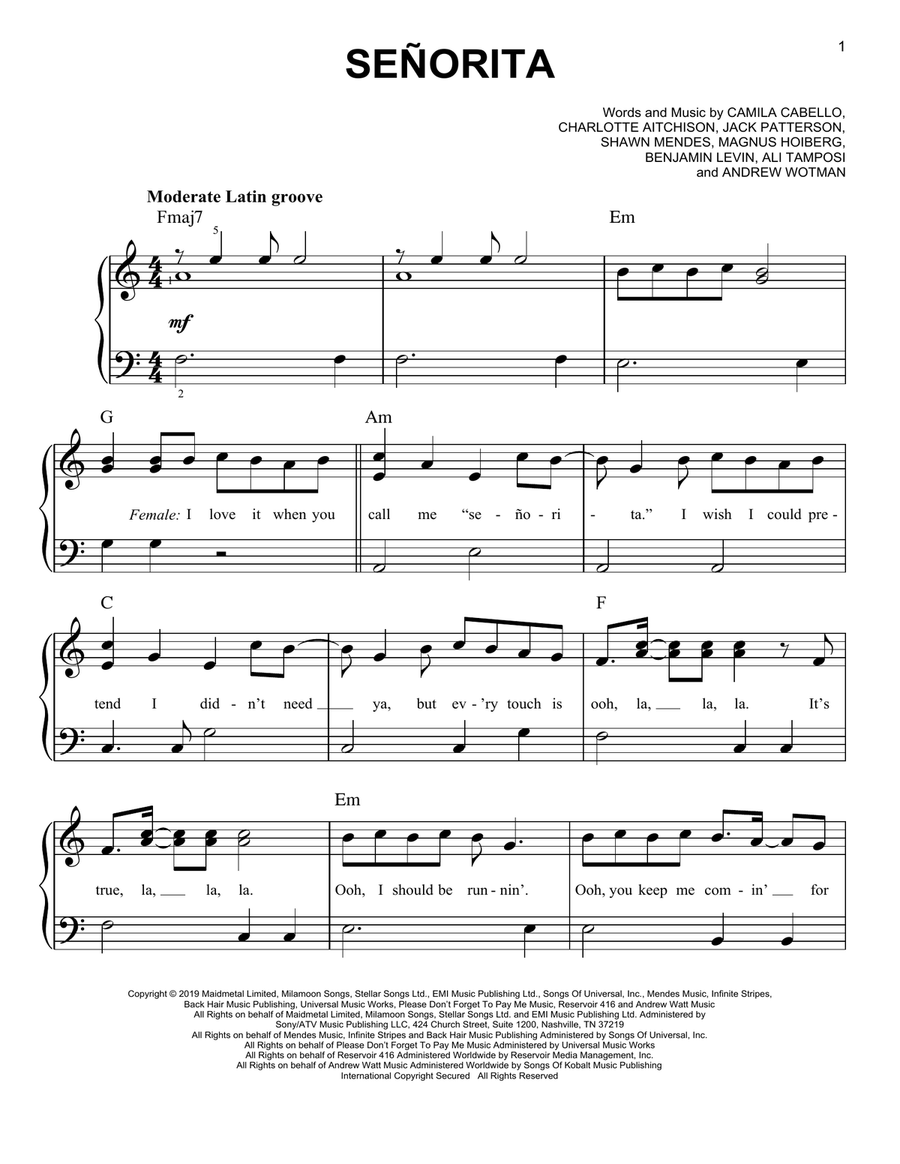 Señorita by Shawn Mendes & Camila Cabello Easy Piano - Digital Sheet Music