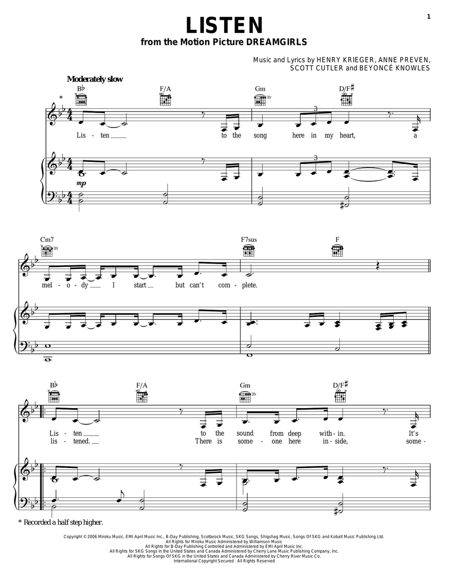 Listen (from Dreamgirls) Piano, Vocal, Guitar scores gallery preview page 1