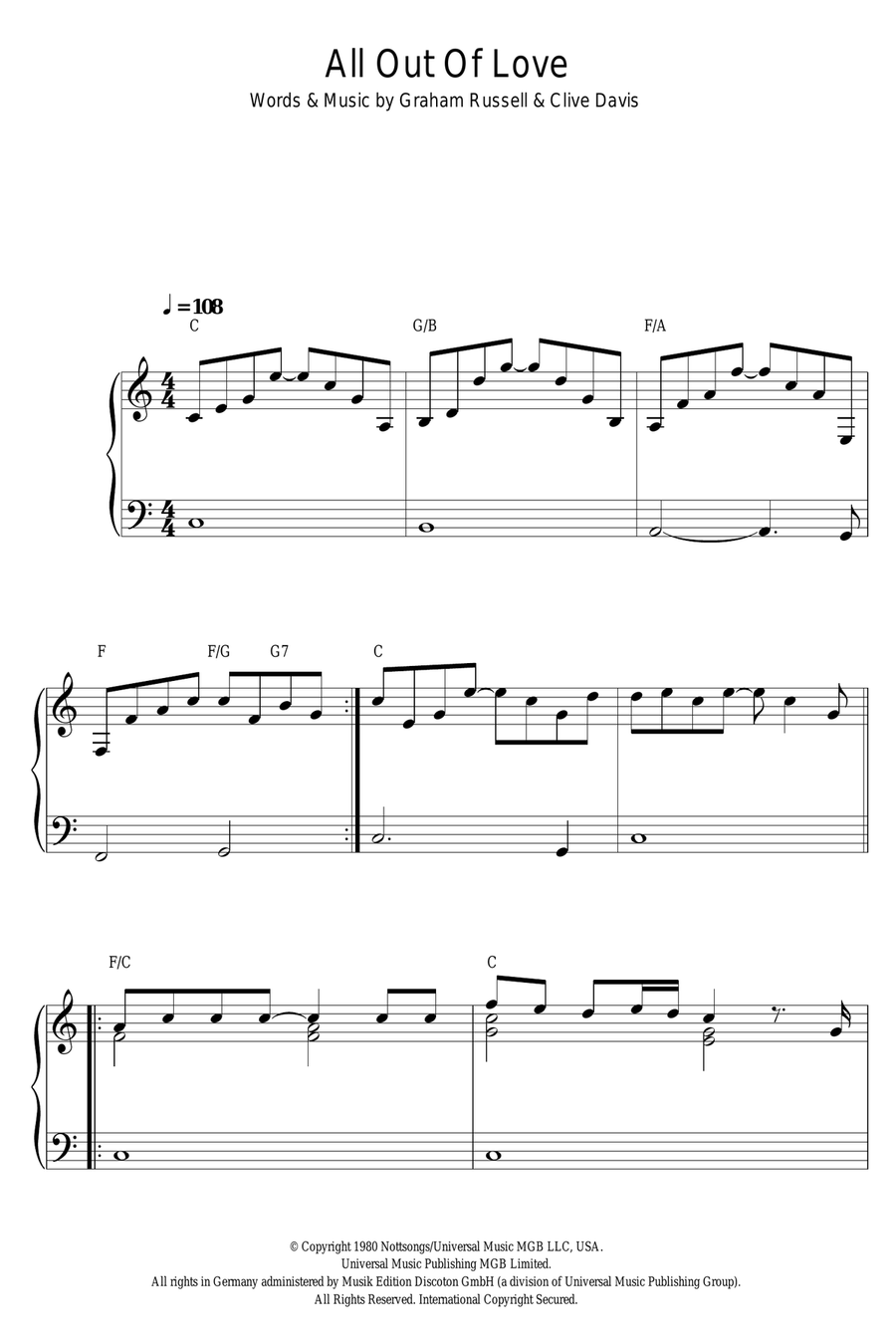 All Out Of Love All Out Of Love Piano Solo scores gallery preview page 1