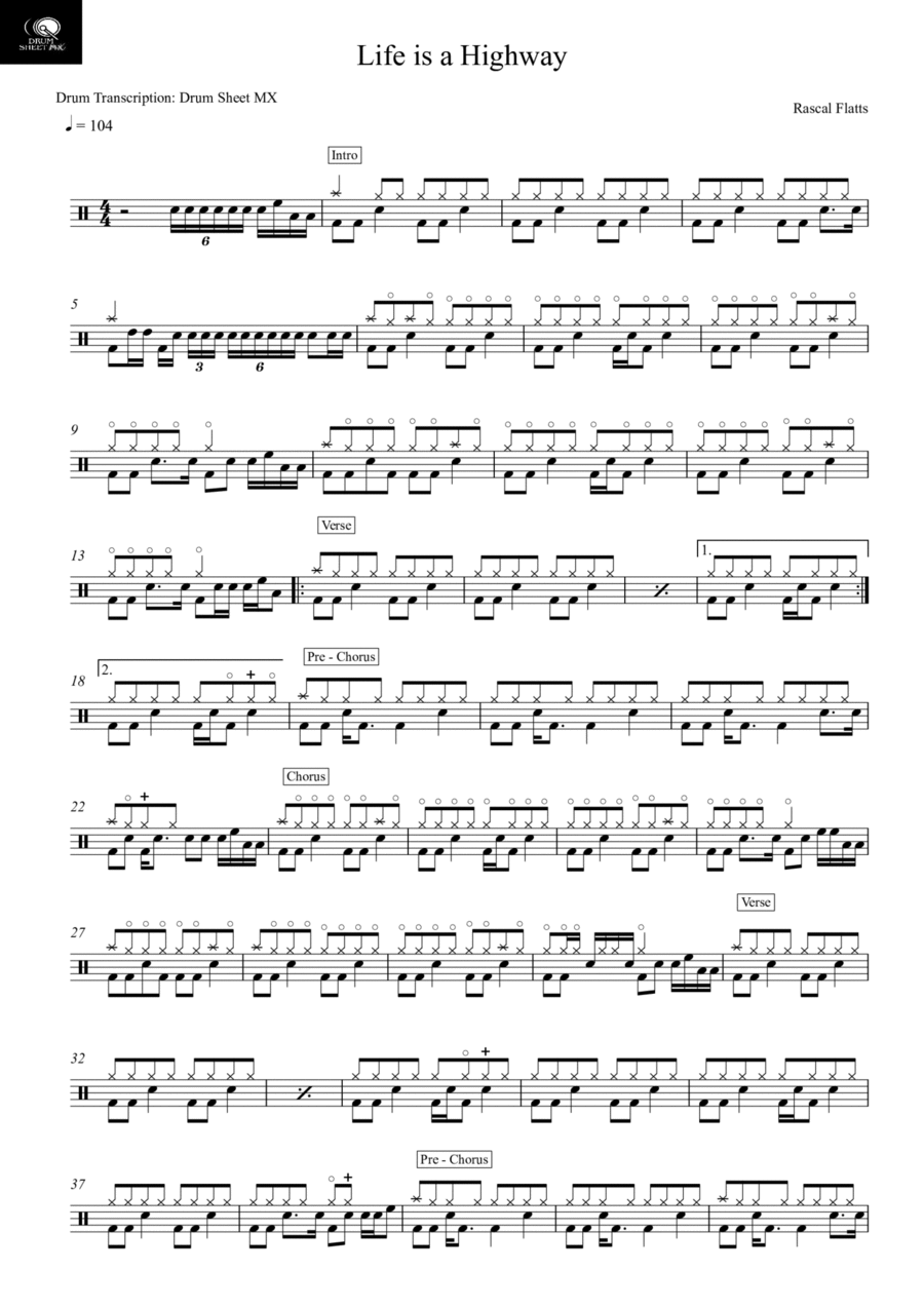 Life Is A Highway Drum Set scores gallery preview page 1