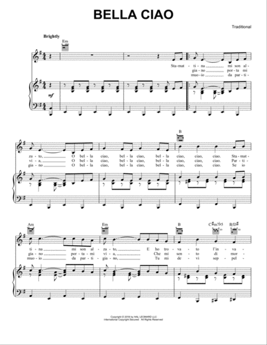 Bella Ciao Piano, Vocal, Guitar scores gallery preview page 1