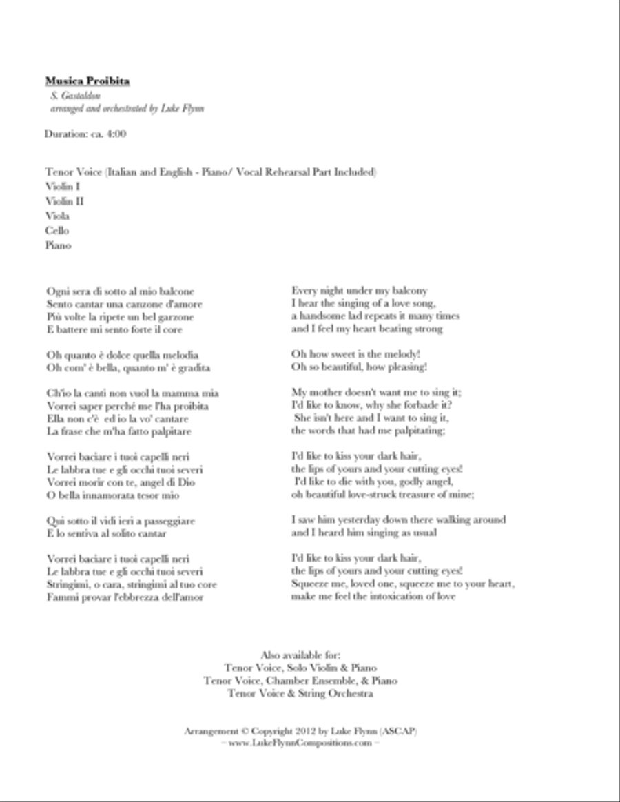 Musica Proibita for Tenor Voice, String Quartet, and Piano Small Ensemble scores gallery preview page 2