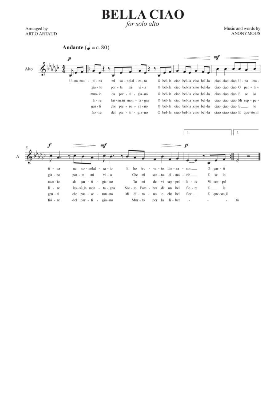 Bella Ciao Bella Ciao Alto Voice scores gallery preview page 1