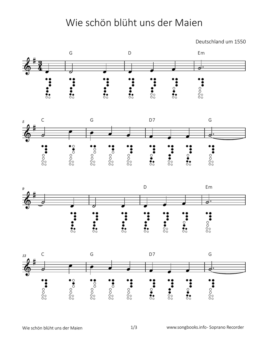 Wie schön blüht uns der Maien Soprano Recorder scores gallery preview page 1