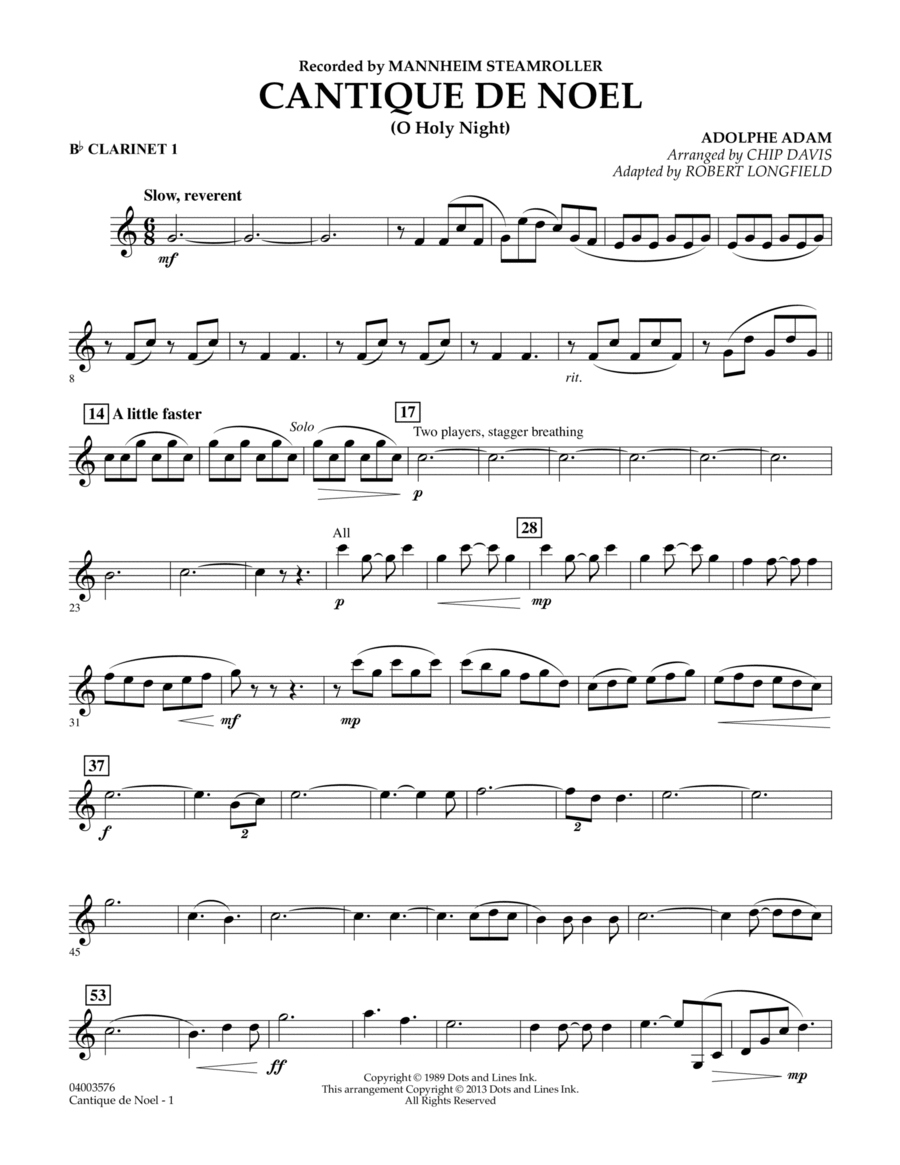 Cantique de Noel (O Holy Night) - Bb Clarinet 1 Concert Band scores gallery preview page 1