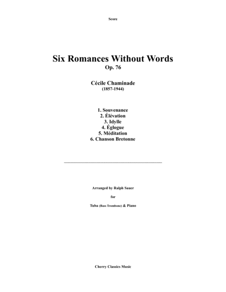 Six Romances Without Words, Op 76 for Tuba or Bass Trombone and Piano