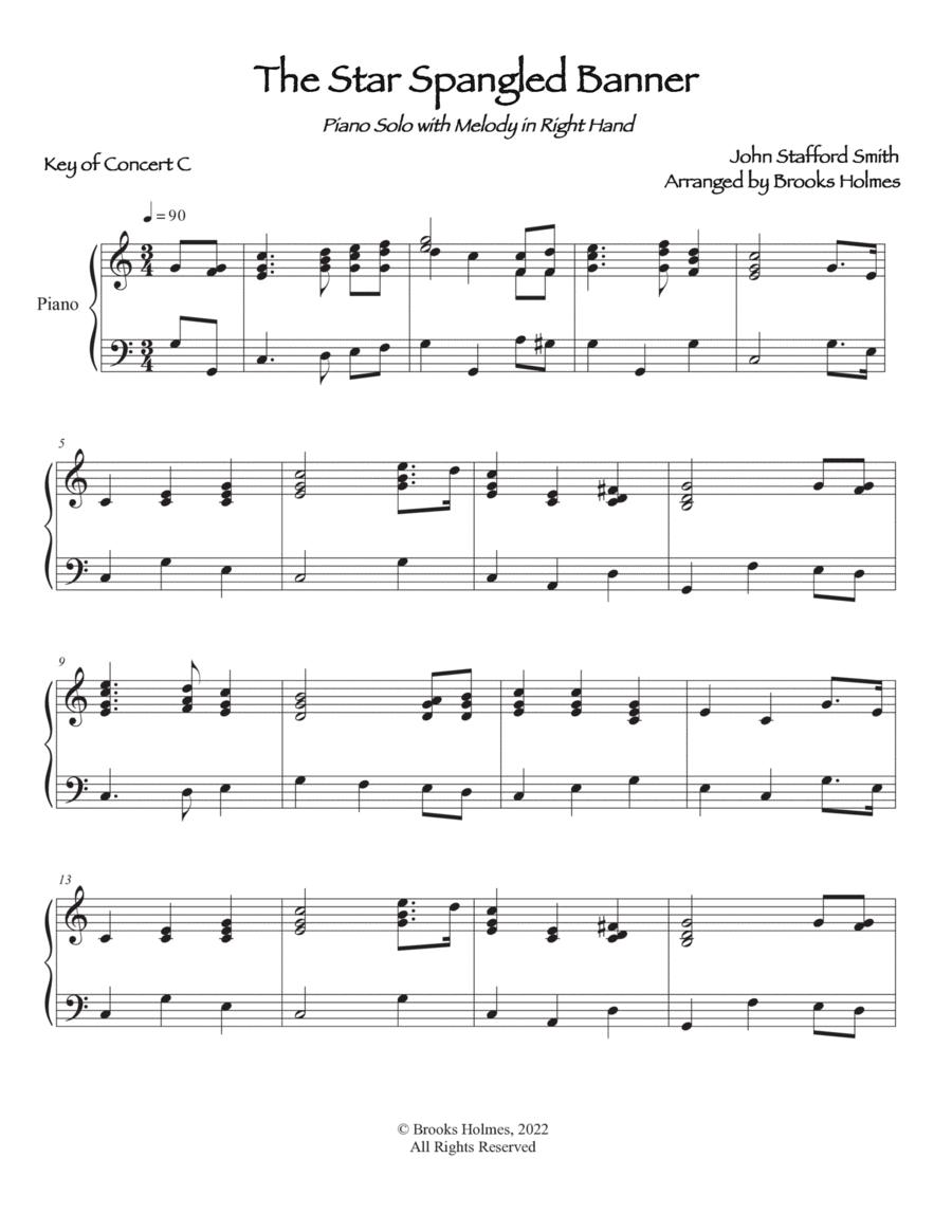 Star Spangled Banner for Solo Piano (Easy) Key of C image number null