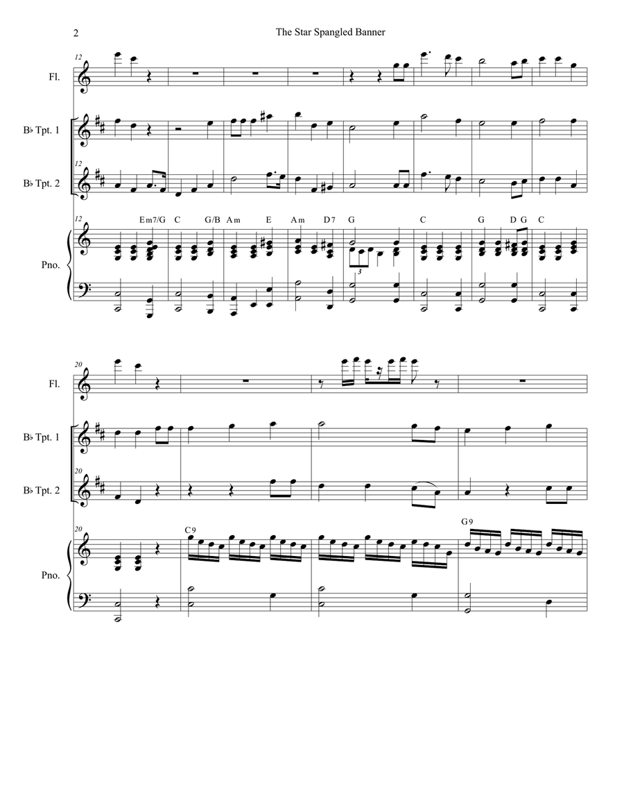 The Star Spangled Banner (Duet for Bb-Trumpet) Flute scores gallery preview page 3