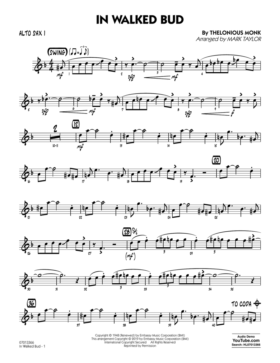 In Walked Bud (arr. Mark Taylor) - Alto Sax 1