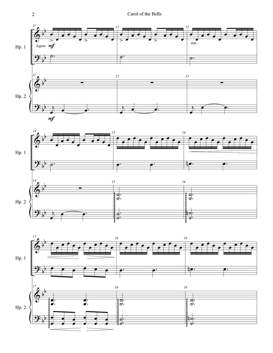 Carol of the Bells Harp Duet Harp scores gallery preview page 2