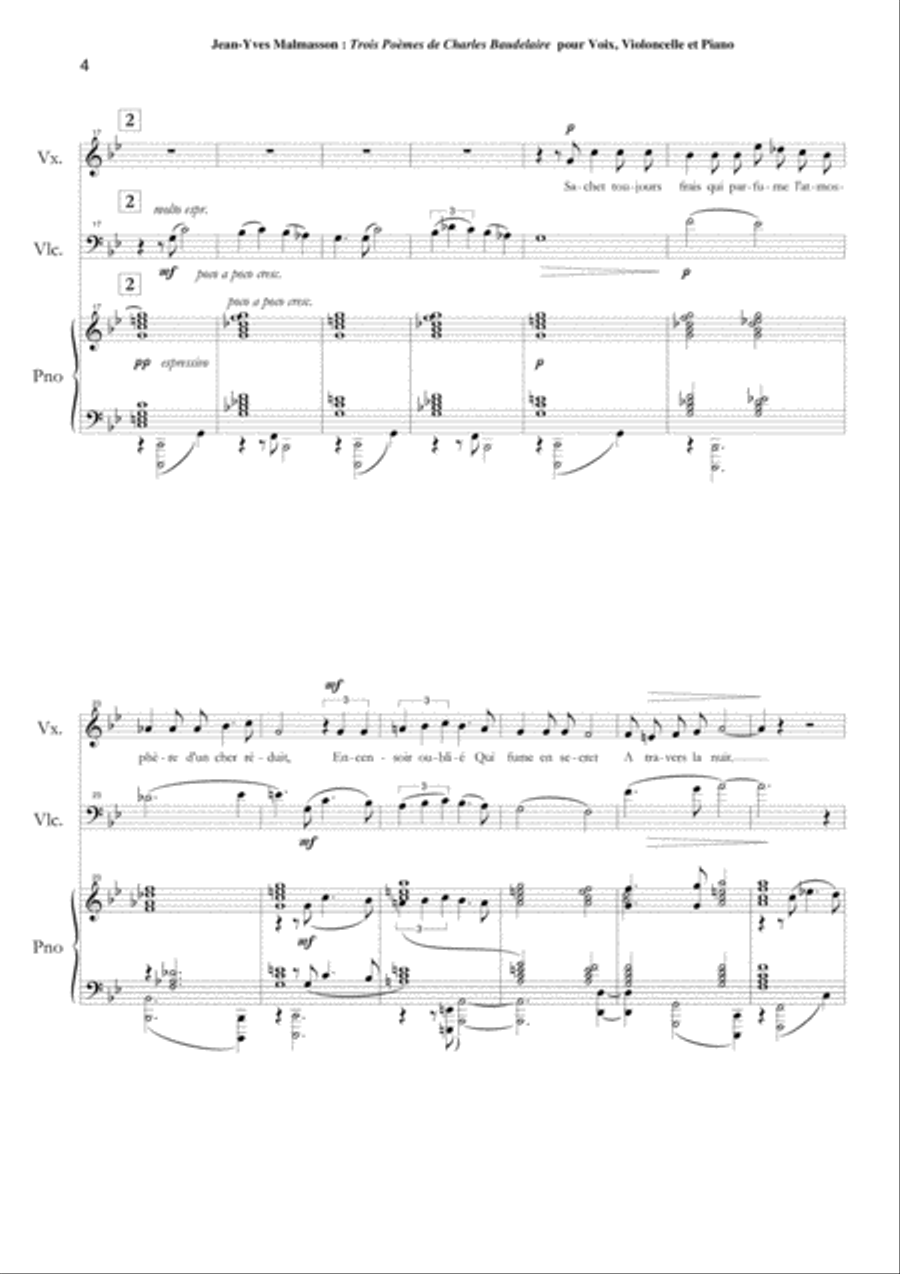 Jean-Yves Malmasson: Trois Poèmes de Charles Baudelaire for medium voice, violoncello and piano Small Ensemble scores gallery preview page 4