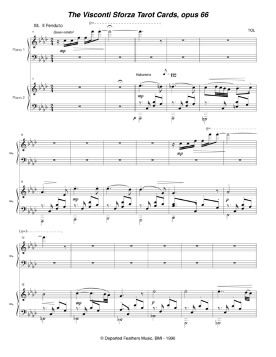 Visconti Sforza Tarot Cards, opus 66 ... Twenty Two Salon Pieces For Two Pianos (1996) 13 Il Penduto 2 Pianos, 4-Hands scores gallery preview page 1