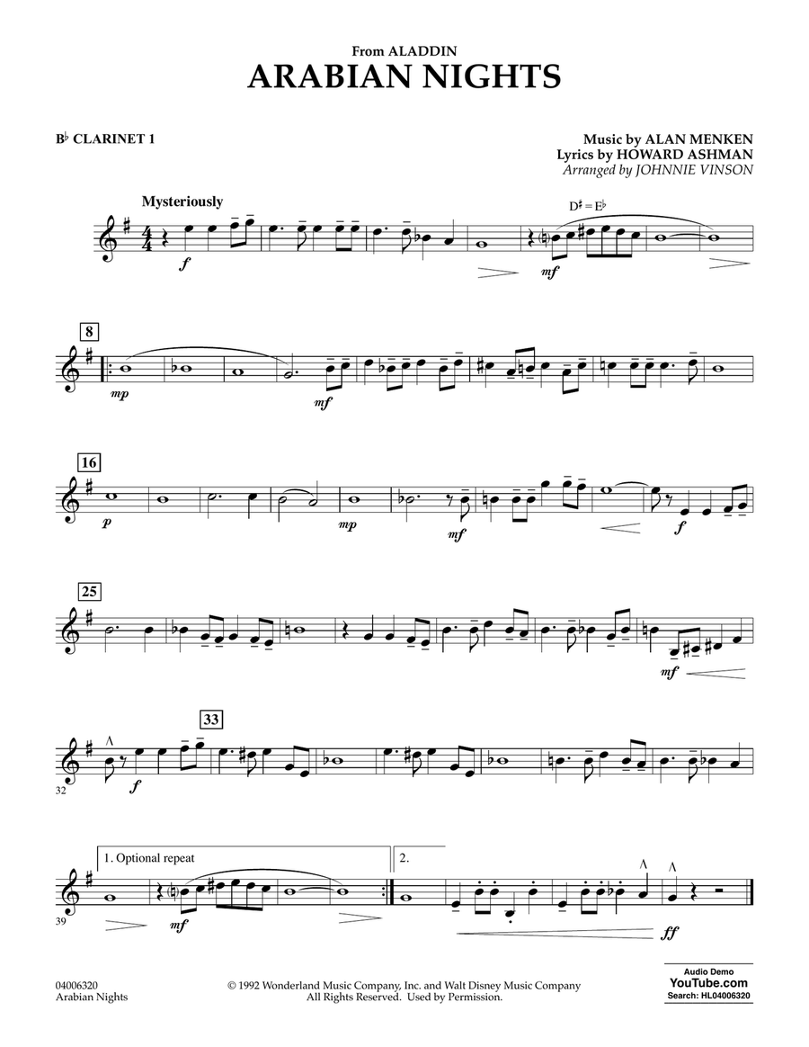 Arabian Nights (from Disney's Aladdin) (arr. Johnnie Vinson) - Bb Clarinet 1 Concert Band scores gallery preview page 1