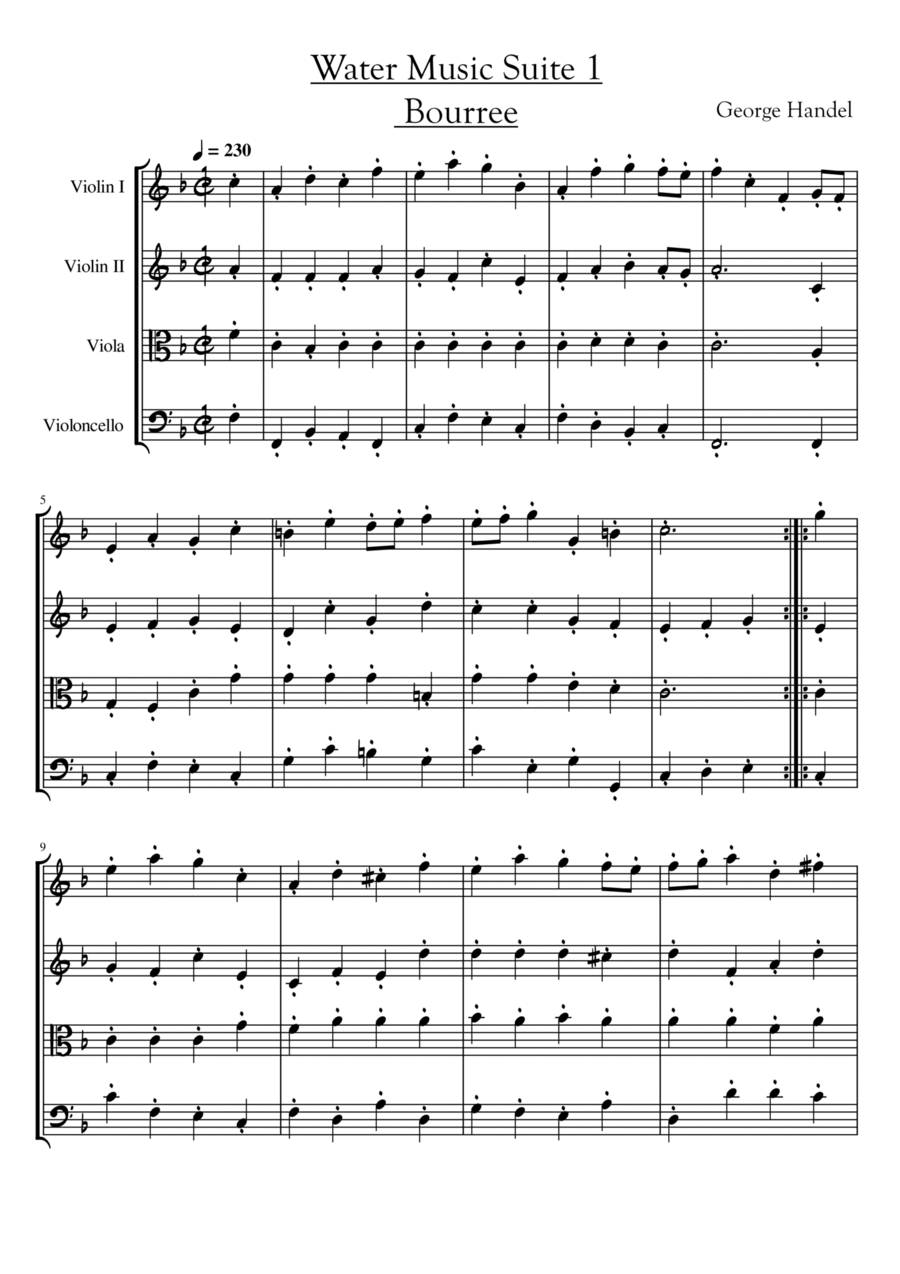 Water Music Suite 1 Bourree String Quartet scores gallery preview page 1
