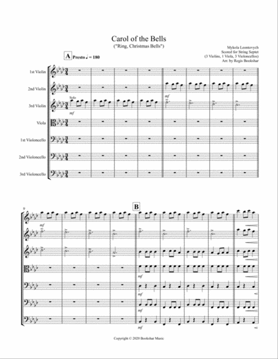Carol of the Bells (F min) (String Septet - 3 Violin, 1 Viola, 3 Cello) Cello scores gallery preview page 1