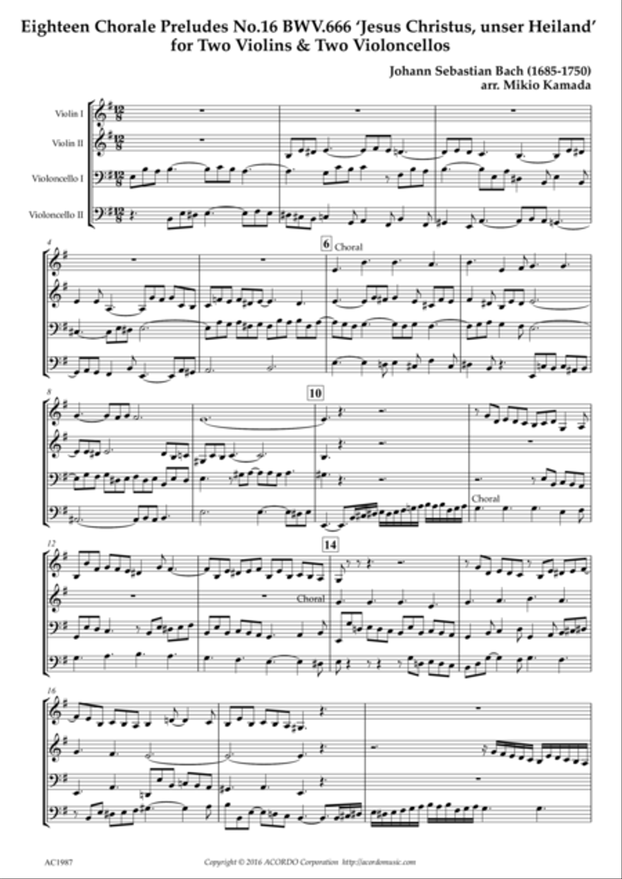 Eighteen Chorale Preludes No.16 BWV.666 ‘Jesus Christus, unser Heiland’ for Two Violins & Two Vi String Duet scores gallery preview page 1