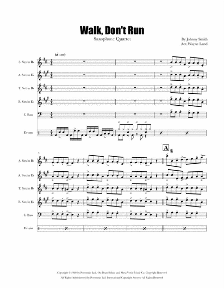 Walk Don't Run Saxophone Quartet scores gallery preview page 1