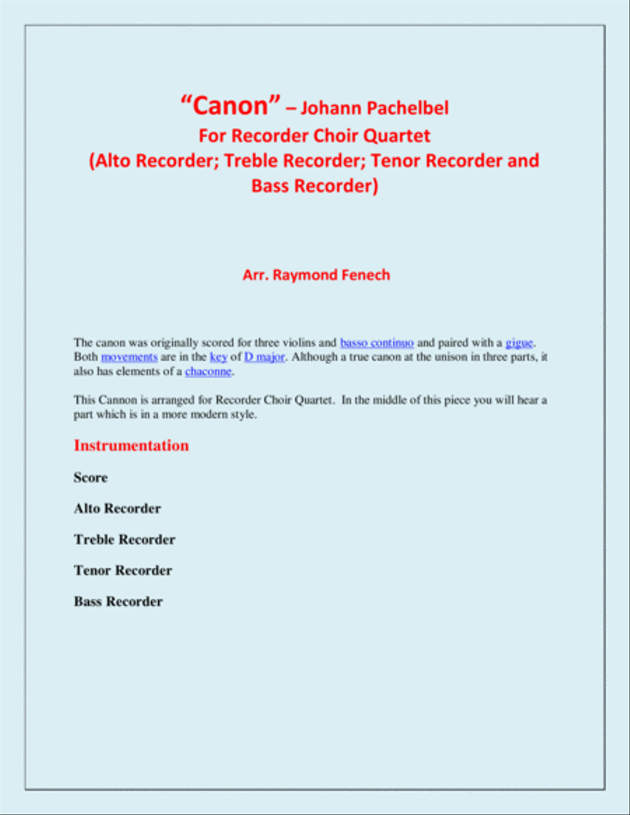 Canon - Johann Pachebel - Recorder Choir Quartet (Alto Recorder; Treble Recorder; Tenor Recorder and Alto Recorder scores gallery preview page 2