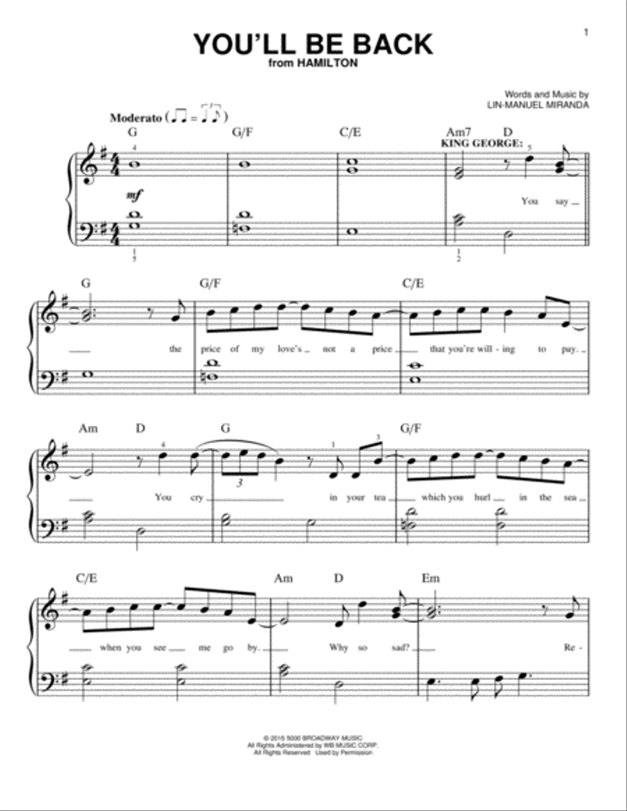 You'll Be Back (from Hamilton) Easy Piano scores gallery preview page 1