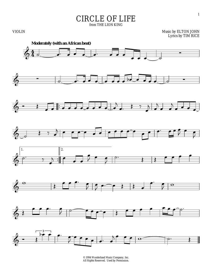Circle Of Life (from The Lion King) Violin Solo scores gallery preview page 1