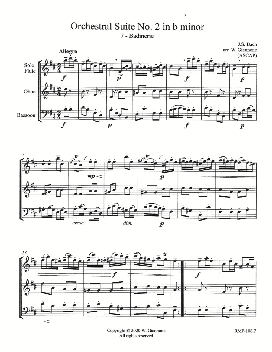 Bach - Badinerie from Orchestral Suite No. 2 in b minor for solo flute, oboe and bassoon Woodwind Trio scores gallery preview page 1