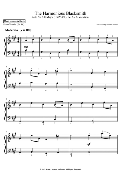 The Harmonious Blacksmith (EASY PIANO) Suite No. 5 E Major (HWV 430), IV. Air & Variations [Handel] image number null