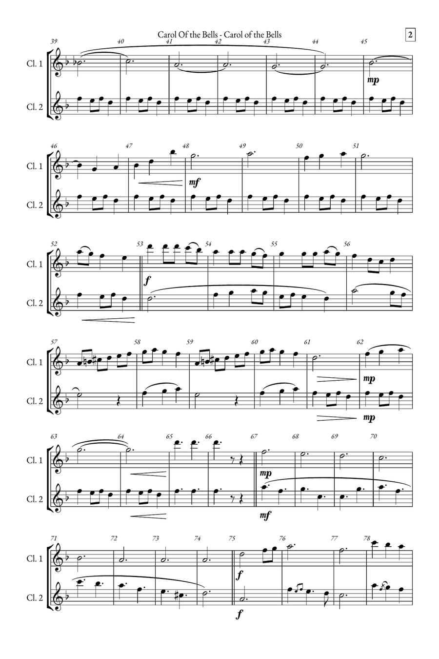Carol of the Bells Clarinet Duet scores gallery preview page 2