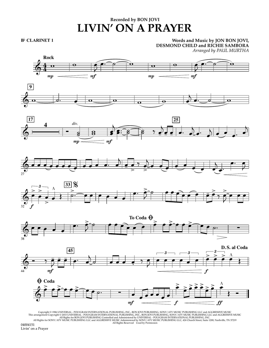 Livin' On A Prayer - Bb Clarinet 1 Concert Band scores gallery preview page 1