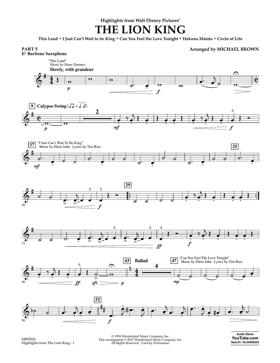 Highlights from The Lion King - Pt.5 - Eb Baritone Saxophone