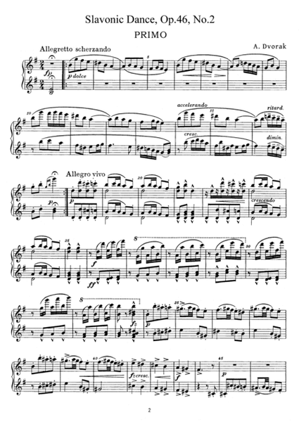 Dvorak Slavonic Dance, Op.46, No.2, for piano duet, PD882