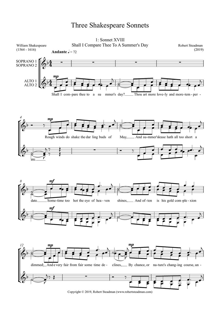 Three Shakespeare Sonnets (SSAA choir) SSAA scores gallery preview page 1